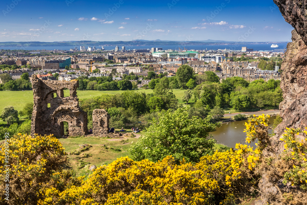 St. Anthony's Chapel ruins with Edinburgh in the back, Scotland