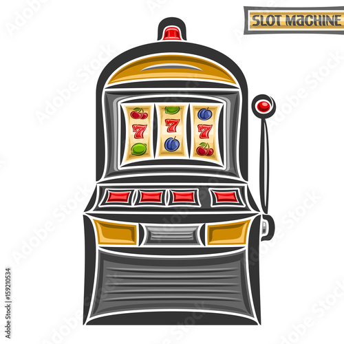 Vector illustration of Slot Machine: logo of retro gambling one armed bandit, on reel lucky fruit and 777 symbol, vintage gamble slot machine with red buttons for casino, isolated on white background