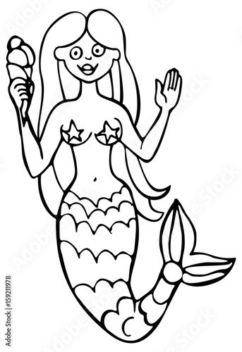 Cartoon pretty mermaid eating ice cream. Contour image. Vector clip art.