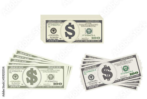 Bundle 100 Dollars Banknote. Design bill one hundred dollars. Suitable for discount cards, leaflet, coupon, flyer, vouchers, gift card. Vector in flat style. USD isolated on white. Horizontal.