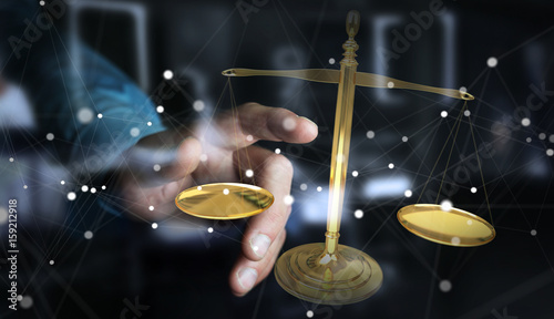 Businessman with justice weighing scales 3D rendering