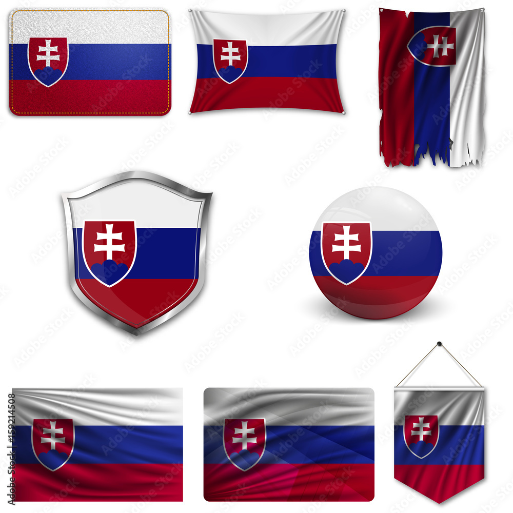 Set of the national flag of Slovakia in different designs on a white background. Realistic vector illustration. Set of the national flag of Slovakia in different designs on a white background. Realistic vector illustration.