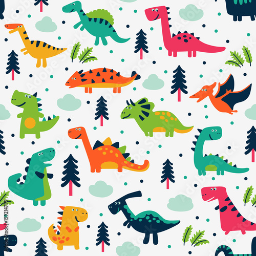 Fototapeta Naklejka Na Ścianę i Meble -  Adorable seamless pattern with funny dinosaurs and trees