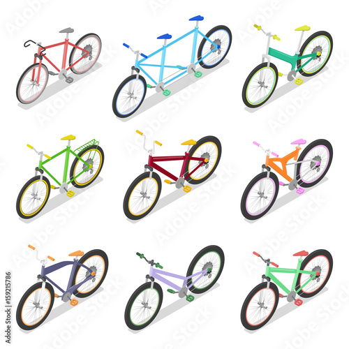 Isometric Bicycle Set with Mountain Bike and Tricycle. City Transport. Vector flat 3d illustration