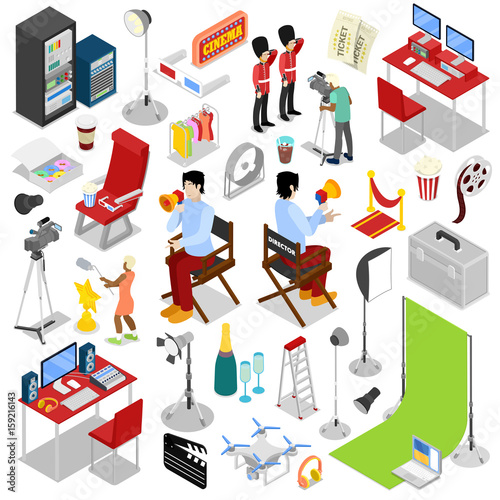Isometric Cinema Production. Making Movie with Director and Cameraman. Vector flat 3d illustration