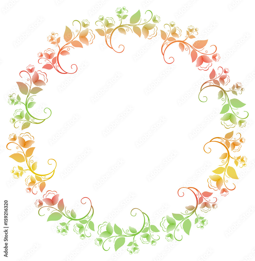 Obraz premium Beautiful round frame with gradient filled. Color elegant flower frame for advertisements, flyer, web, wedding and other invitations or greeting cards. Raster clip art.