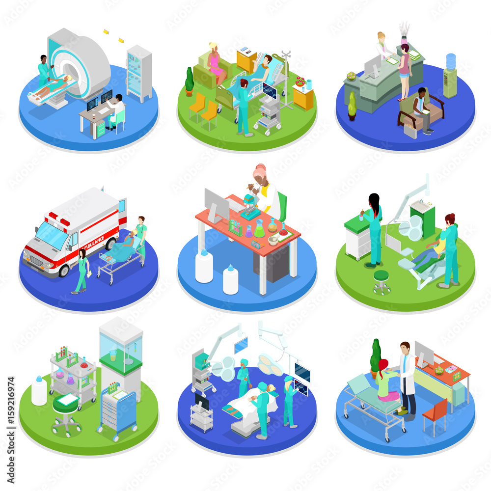 Obraz premium Isometric Medical Clinic. Health Care Concept. Hospital Room, Dentist, MRI. Vector flat 3d illustration