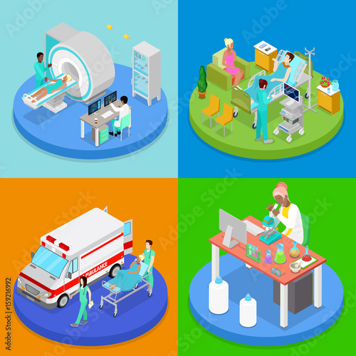 Isometric Medical Clinic. Health Care Concept. Hospital Room, Ambulance Emergency Service, MRI. Vector flat 3d illustration