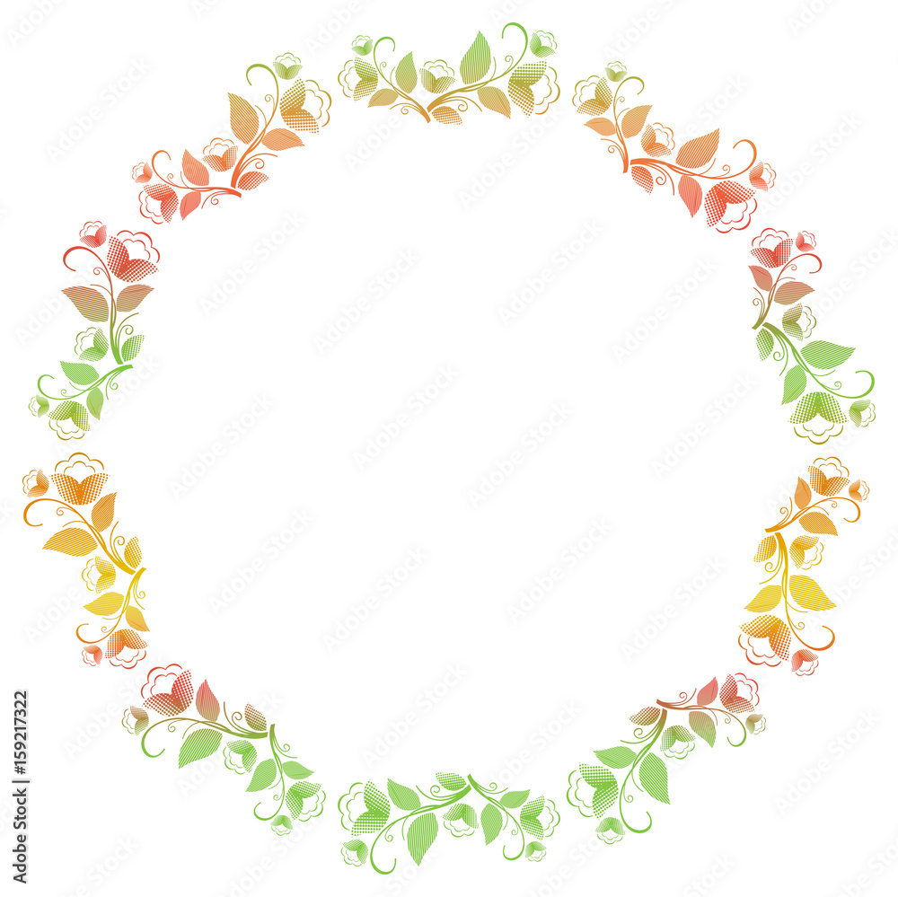 Beautiful round frame with gradient filled. Color elegant flower frame for advertisements, flyer, web, wedding and other invitations or greeting cards. Raster clip art.