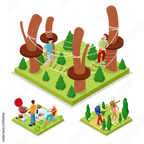 Isometric Outdoor Activity. Rope Park and Barbeque. Healthy Lifestyle and Recreation. Vector flat 3d illustration