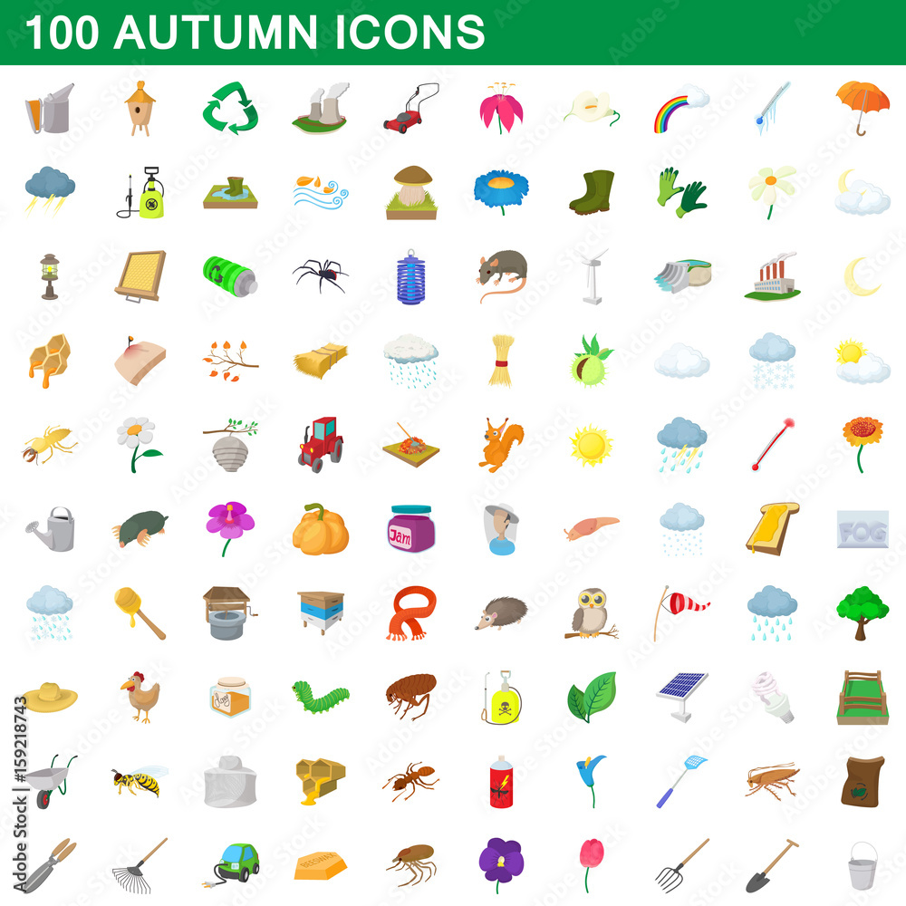 100 autumn icons set, cartoon style
