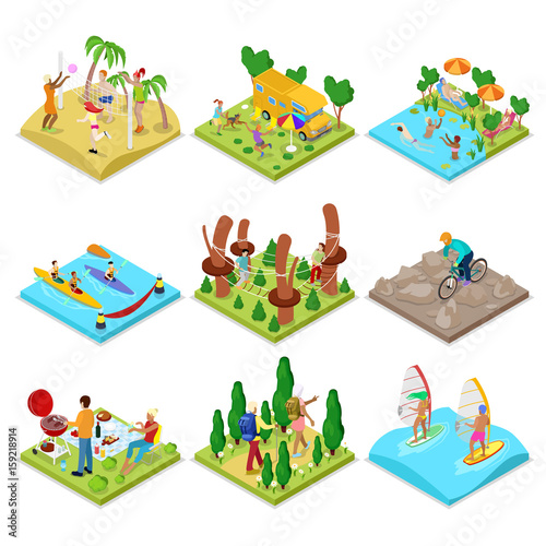 Isometric Outdoor Activity. Kayaking, Beach Volleyball, Mountain Bike, Surfing and Barbeque. Healthy Lifestyle and Recreation. Vector flat 3d illustration