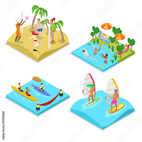 Isometric Outdoor Sea Beach Activity. Kayaking, Beach Volleyball, Surfing and Water Polo. Healthy Lifestyle and Recreation. Vector flat 3d illustration