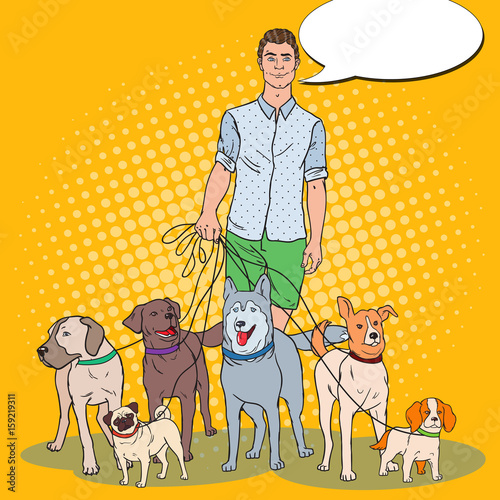 Pop Art Man Dog Walker. Vector illustration