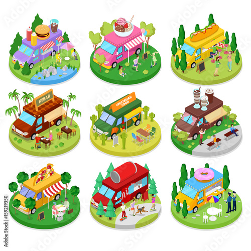 Isometric Street Food Truck Set with Vegeterian Food, Burger, Hot Dog and Ice Cream Cafe. Vector flat 3d illustration