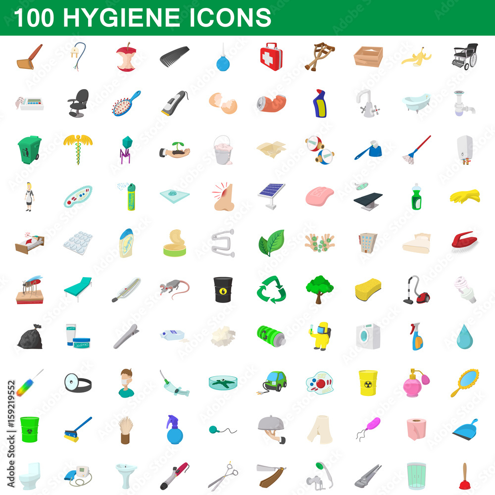 100 hygiene icons set, cartoon style