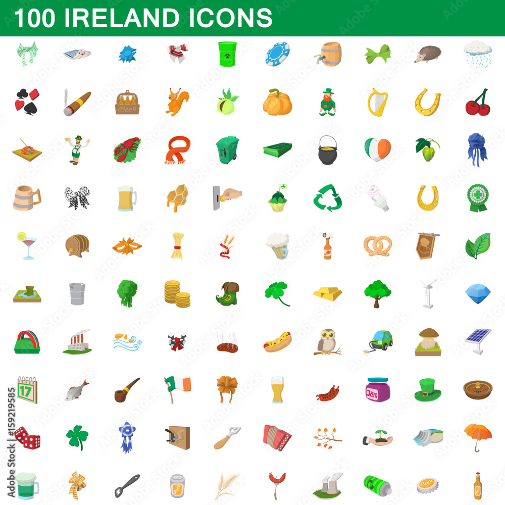 100 ireland icons set, cartoon style 100 ireland icons set, cartoon style