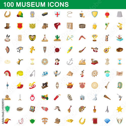 100 museum icons set, cartoon style