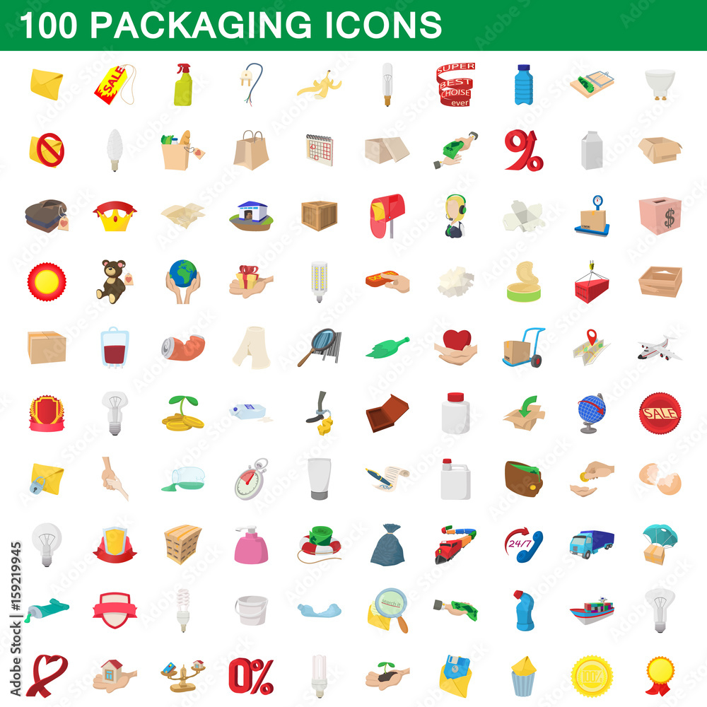 Fototapeta premium 100 packaging icons set, cartoon style