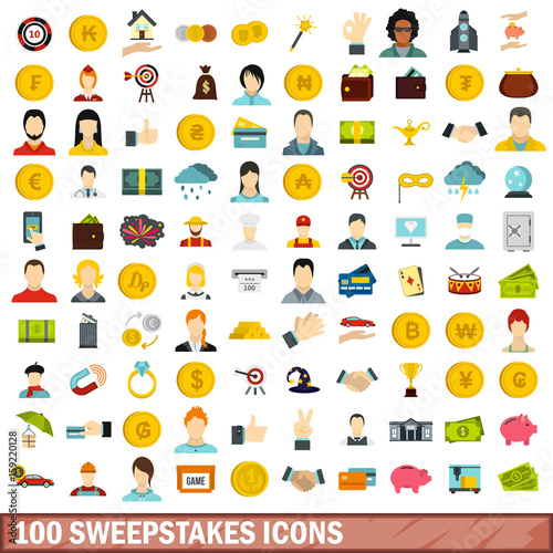 100 sweepstakes icons set, flat style