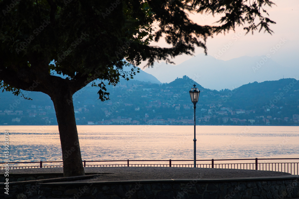 Evening view of promenade by the Lake Como, Bellano, Italy