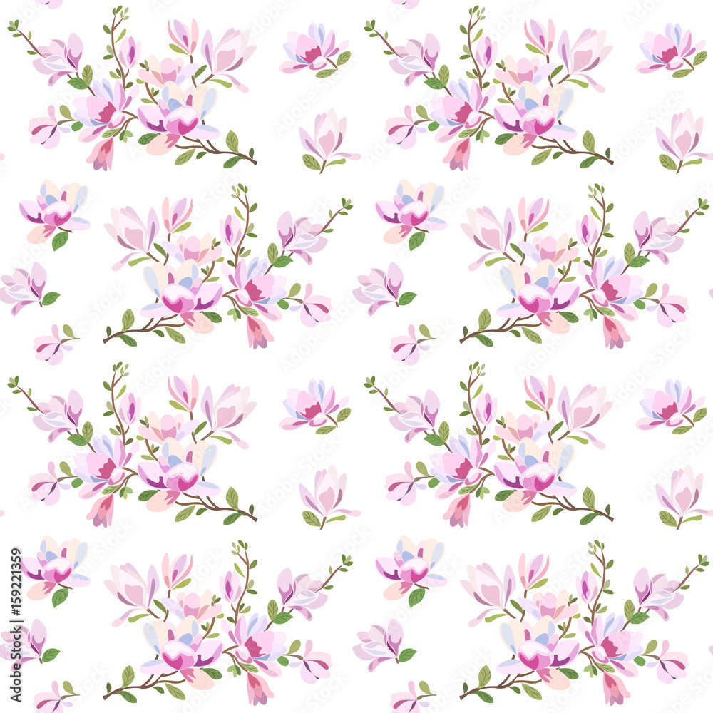 Seamless pattern with flowers of magnolia and with a flowering branch of a tree