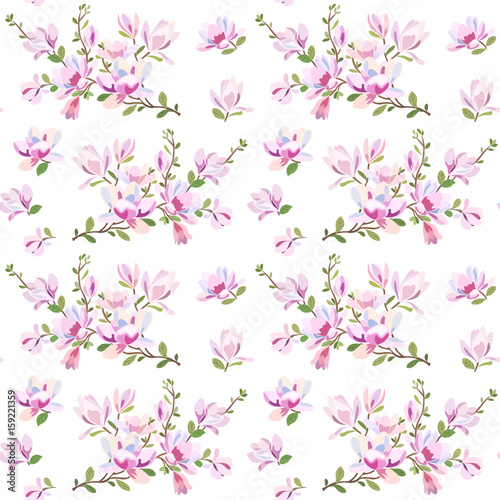 Seamless pattern with flowers of magnolia and with a flowering branch of a tree