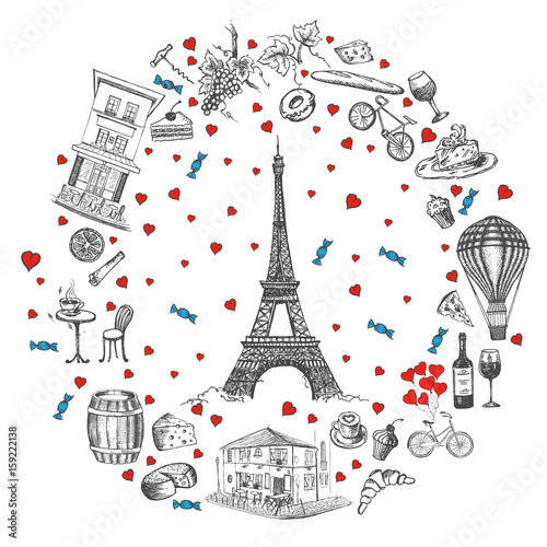 Set of hand drawn French icons, Paris sketch illustration
