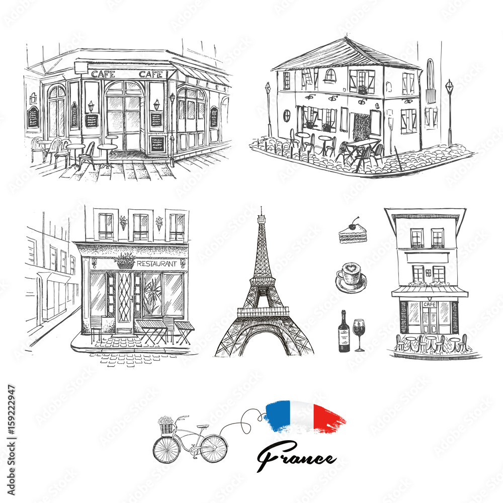 Fototapeta premium Set of hand drawn French icons, Paris sketch illustration