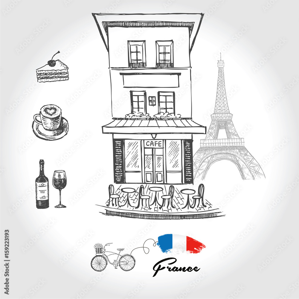 Set of hand drawn French icons, Paris sketch illustration
Set of hand drawn French icons, Paris sketch illustration