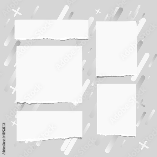 Pieces of ripped blank note, notebook, copybook paper sheets stuck on lined gray background.