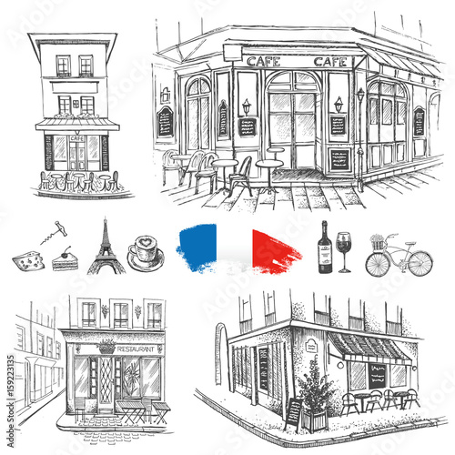 Set of hand drawn French icons, Paris sketch illustration

