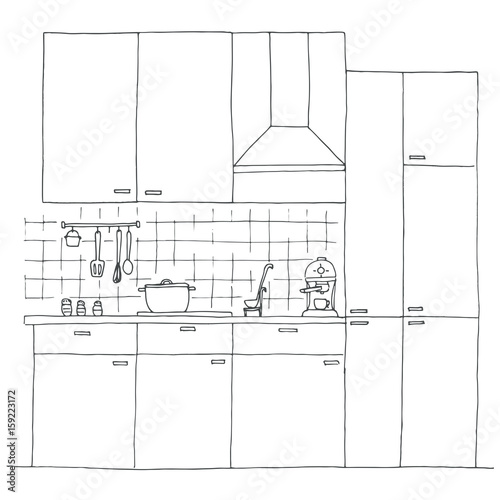 Hand drawn kitchen furniture. Vector illustration in sketch style