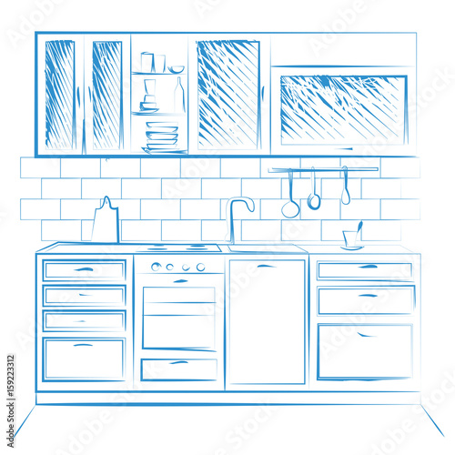 Hand drawn kitchen furniture. Vector illustration. Sketch drawn by a blue pen.