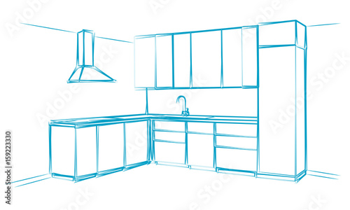 Hand drawn kitchen furniture. Vector illustration. Sketch drawn by a blue pen.