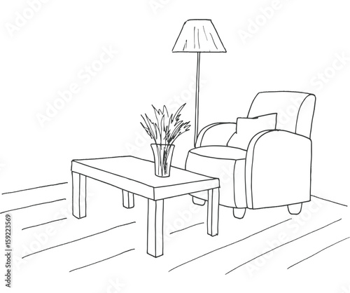 Armchair  table with a vase. Floor lamp. Hand drawn vector illustration of a sketch style.