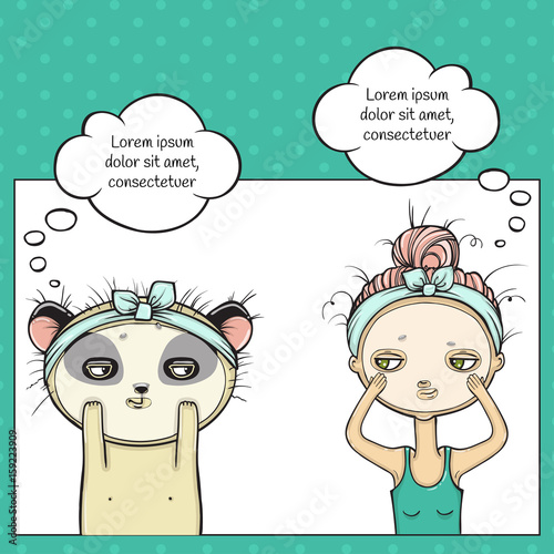 Facial treatment of girl and panda, Masking for face . Pop art thinking bubble.