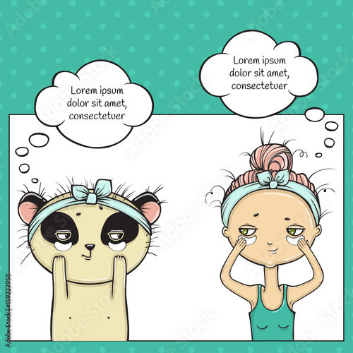 Make-up of girl and panda, Pop art thinking bubble.