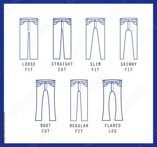 Denim fit icon set. Different type of jeans and trousers. Line vector icon silhouette