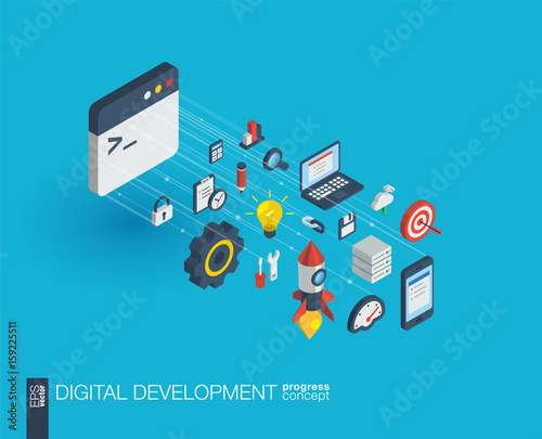 Development integrated 3d web icons. Digital network isometric progress concept. Connected graphic design line growth system. Abstract background for programming, coding, app design. Vector Infograph