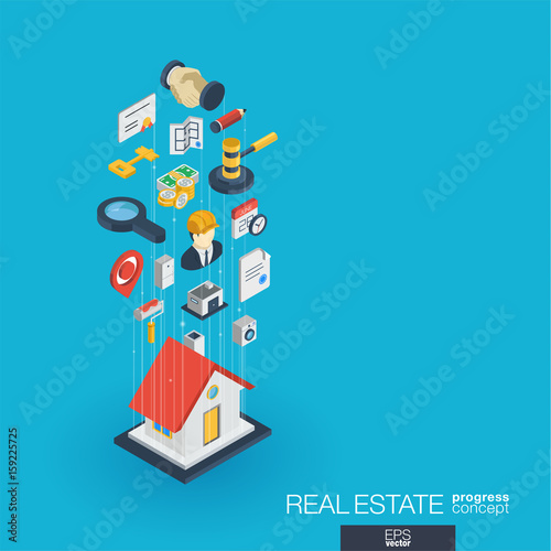 Real estate integrated 3d web icons. Digital network isometric progress concept. Connected graphic design line growth system. Abstract background for apartment rent, property sale. Vector Infograph