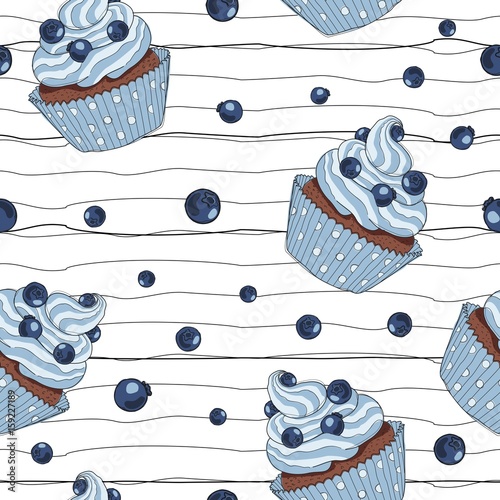 Hand drawn seamless pattern with doodle cupcake and blueberry buttercream. Food background. Vector illustration