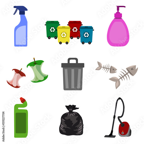 cleaning and garbage flat icon set photo