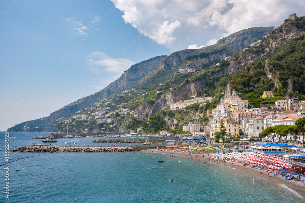 View of beach and port in Amalfi town