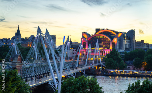 Photography Golden Jubilee Bridge against sunset in London, England, UK