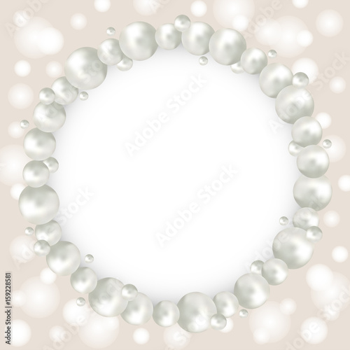 Pearl beads round frame on beige bokeh background. Wedding invitation white pearls background. Realistic Vector illustration