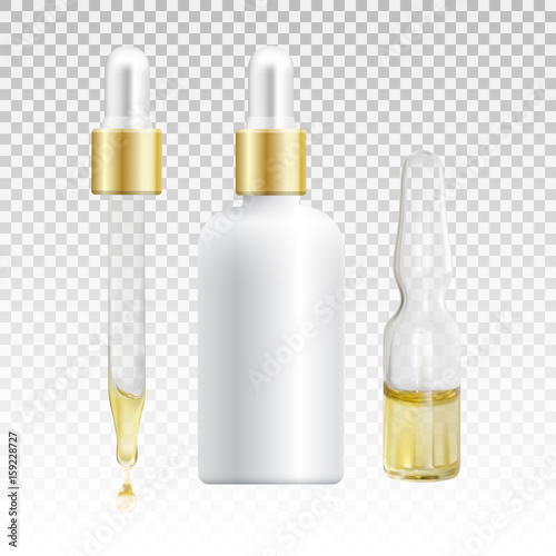 Mock up of cosmetic product for catalog, magazine. Vector design of cosmetic package. Natural oil with vitamins or hyaluronic acid. Vector illustration with isolated objects