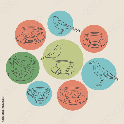 Tea party card. Tea cups and birds icons. Vector illustration.