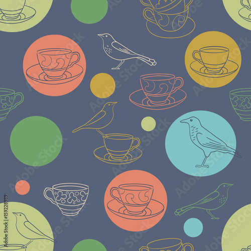 Tea time. Seamless background with teacups and birds. Vector illustration.