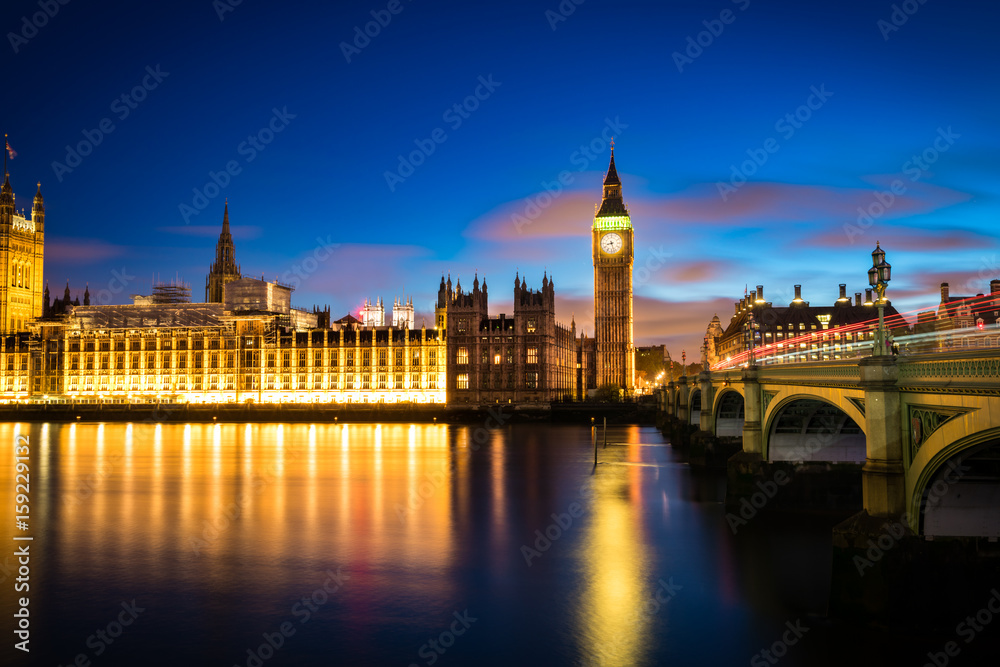 View of the Houses of Parliament and Westminster Bridge in London at night